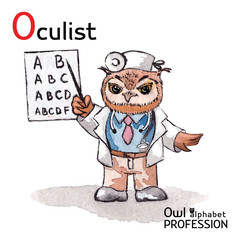 Alphabet professions Owl Letter O - Oculist character Vector