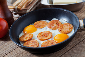 Fried sausage and eggs, breakfast idea