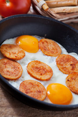 Fried sausage and eggs, breakfast idea