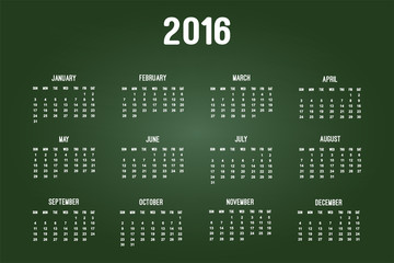 Calendar Of Year 2016 On Green Chalkboard