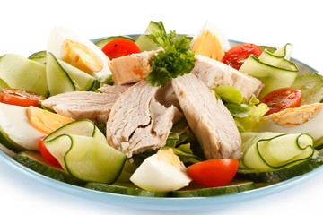 Roast chicken fillet, eggs and vegetables