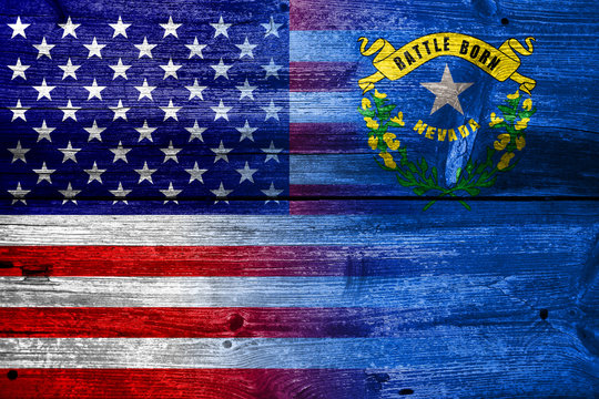 USA and Nevada State Flag painted on old wood plank texture
