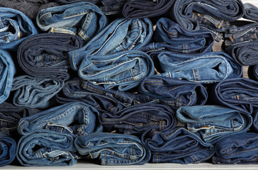 Lot of different blue jeans