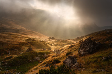 Dramatic fogy landscape with sunbeams