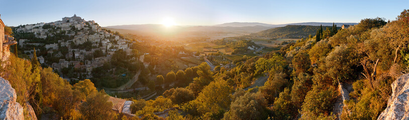 Panorama of famous Gordes village sunrise view, Provence, France - obrazy, fototapety, plakaty