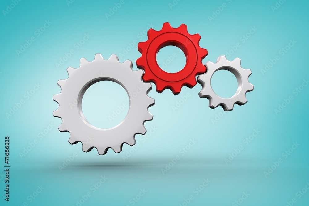 Poster composite image of white and red cogs and wheels