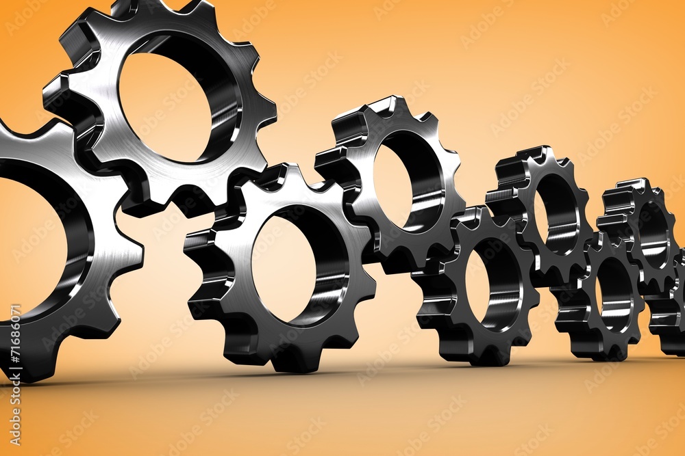 Poster composite image of metal cogs and wheels connecting