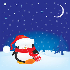 Cute little Christmas penguin on winter night background