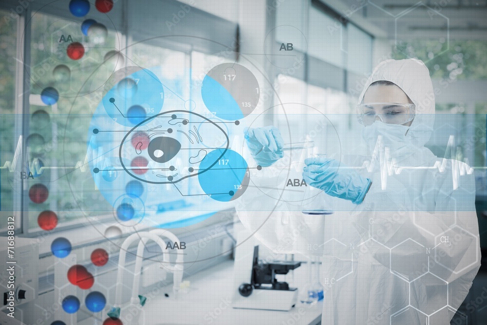 Poster scientist in protective suit working with cell diagram