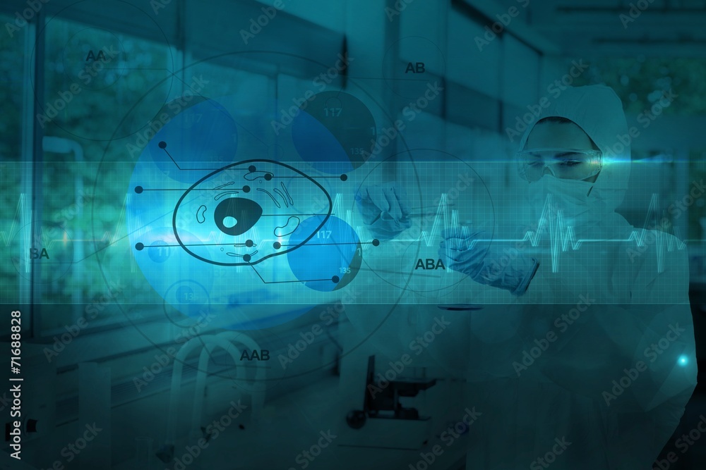 Aufkleber scientist in protective suit working with cell diagram