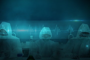 Composite image of chemists working in protective suits