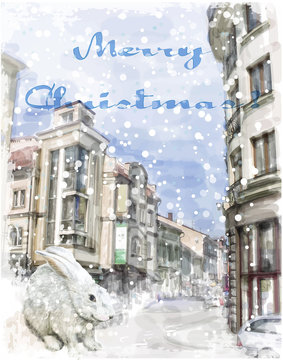 bunny on the city street. Christmas greeting card.