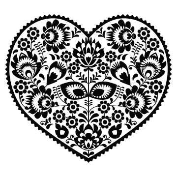 Polish black folk art heart pattern on white