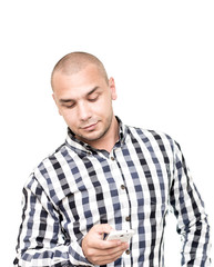 Fototapeta premium Handsome man using smartphone for receive and send sms
