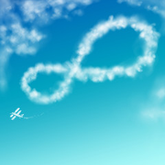 Doppeldecker Flugzeug malt ein Unendlich Symbol in den blauen Wolkenhimmel - Illustration