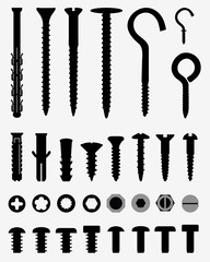 Black silhouettes of wall plugs, bolts, nuts and screws