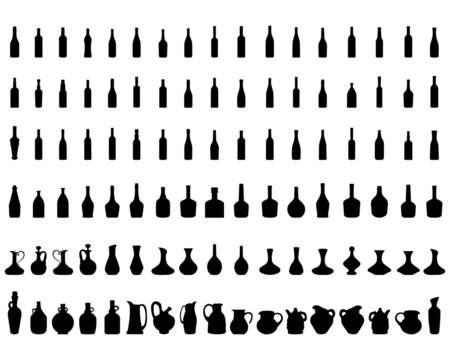 Black silhouettes of different bottles and bowls, vector