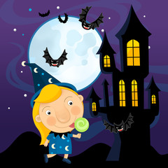 Cartoon happy scene - halloween - wizard girl - illustration for children