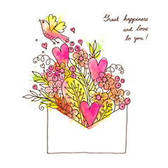 Greeting card with hearts, bird and flowers.