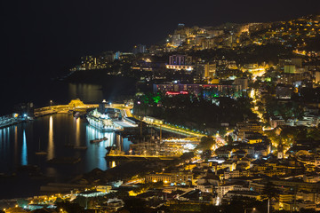 Aearial view at night of Funchal, capital city of Madeira Island