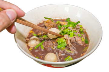 Pork Waterfall noodles (Kuay teow nam tok moo) isolated