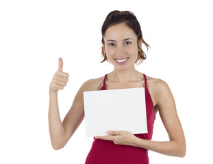 Fototapeta premium Advertisement woman thumbs up showing placard with copyspace