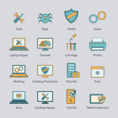Computer repair flat line icons set