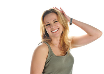 Portrait of young smiling blonde  with  raised hand