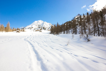 Fototapeta na wymiar Percorso su neve in montagna d'inverno