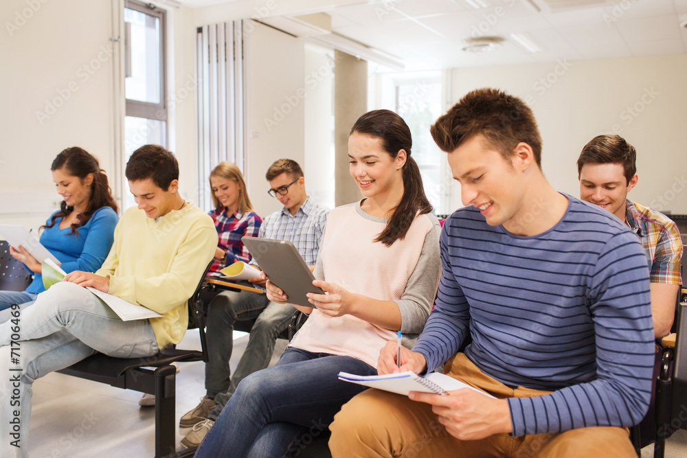 Sticker group of smiling students with tablet pc