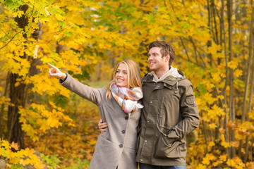 Fototapeta premium smiling couple hugging in autumn park