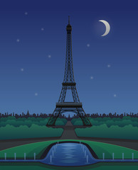 Vector Eiffel Tower Scenery at Night with Stars and Moon