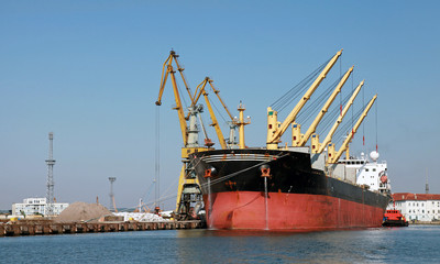Fototapeta premium Loading with cranes of big industrial cargo ship in Burgas port