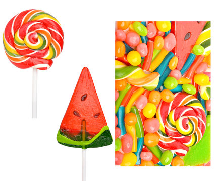 Bright sweets, lollipops, dragee, candies and jelly sweets