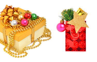 Yellow gift box with christmas baubles and beads