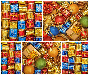 Fototapeta na wymiar Bright christmas baubles, toys, garland, gift boxes