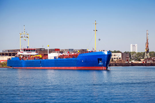 Blue LPG gas carrier. Industrial cargo ship moored in Burgas