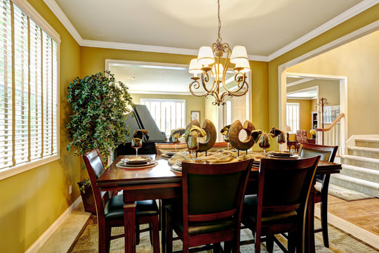 Luxury house interior. Served dining table in bright room