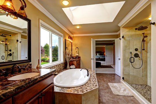Luxury bathroom interior with bath tub and glass door shower