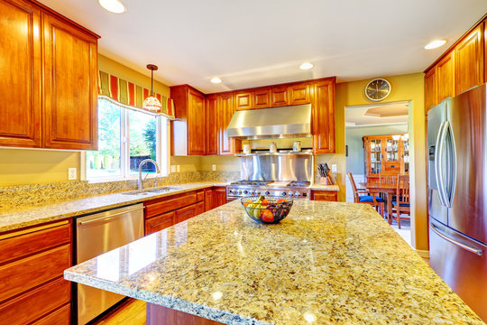 Shiny luxury kitchen room with island
