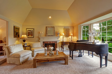 Luxury family room with grand piano and fireplace
