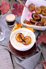 rice pudding with caramel vanilla plums
