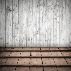 Abstract wooden interior with white wall and brown floor