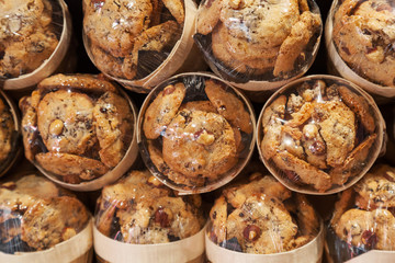 Traditional French cookies with nuts lay packed in the bakery