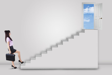 Businesswoman stepping up ladder to success door 1