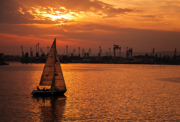 Sailing yacht goes in Varna harbor at the sunset - obrazy, fototapety, plakaty