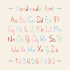 Simple colorful hand drawn font. Complete abc alphabet set.