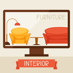 Illustration with computer and furniture in retro style.