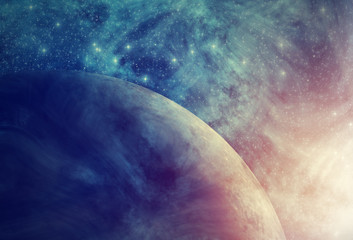 Sunrise on a distant planet with stellar nebulosity.