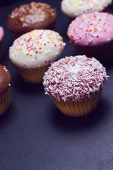 Cupcakes close up on black slate, with space for text